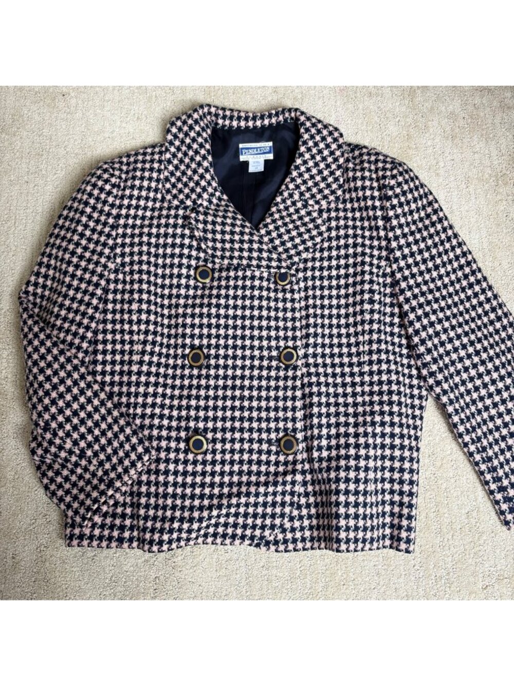 Vintage Pendleton Pink Black Houndstooth Wool Jacket Double BreastedSz 16